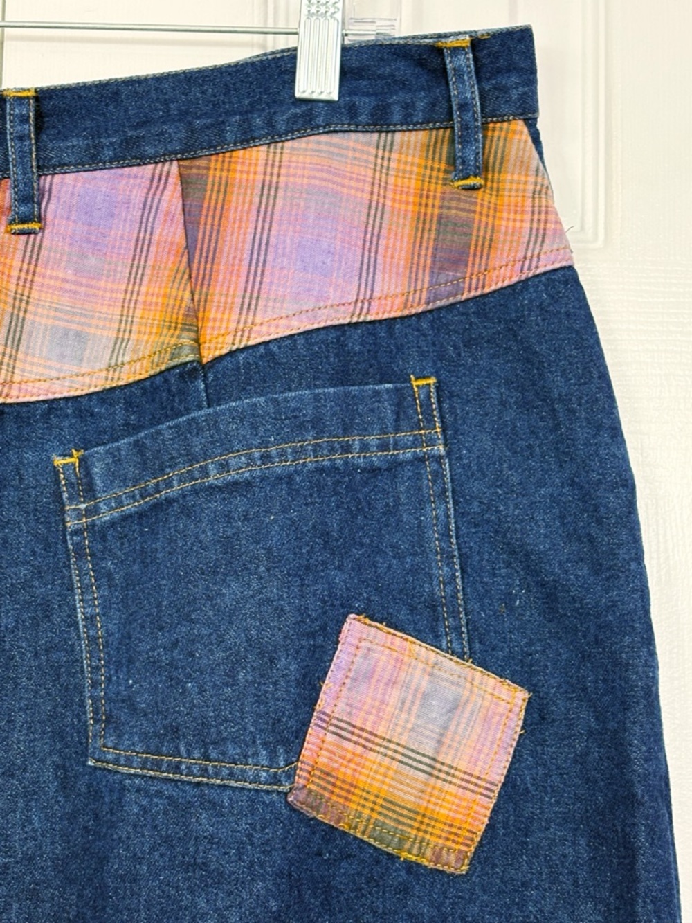 Vintage Sudden Impact Blue Denim Plaid Print Patchwork Jean Skirt 20 - Picture 13 of 16
